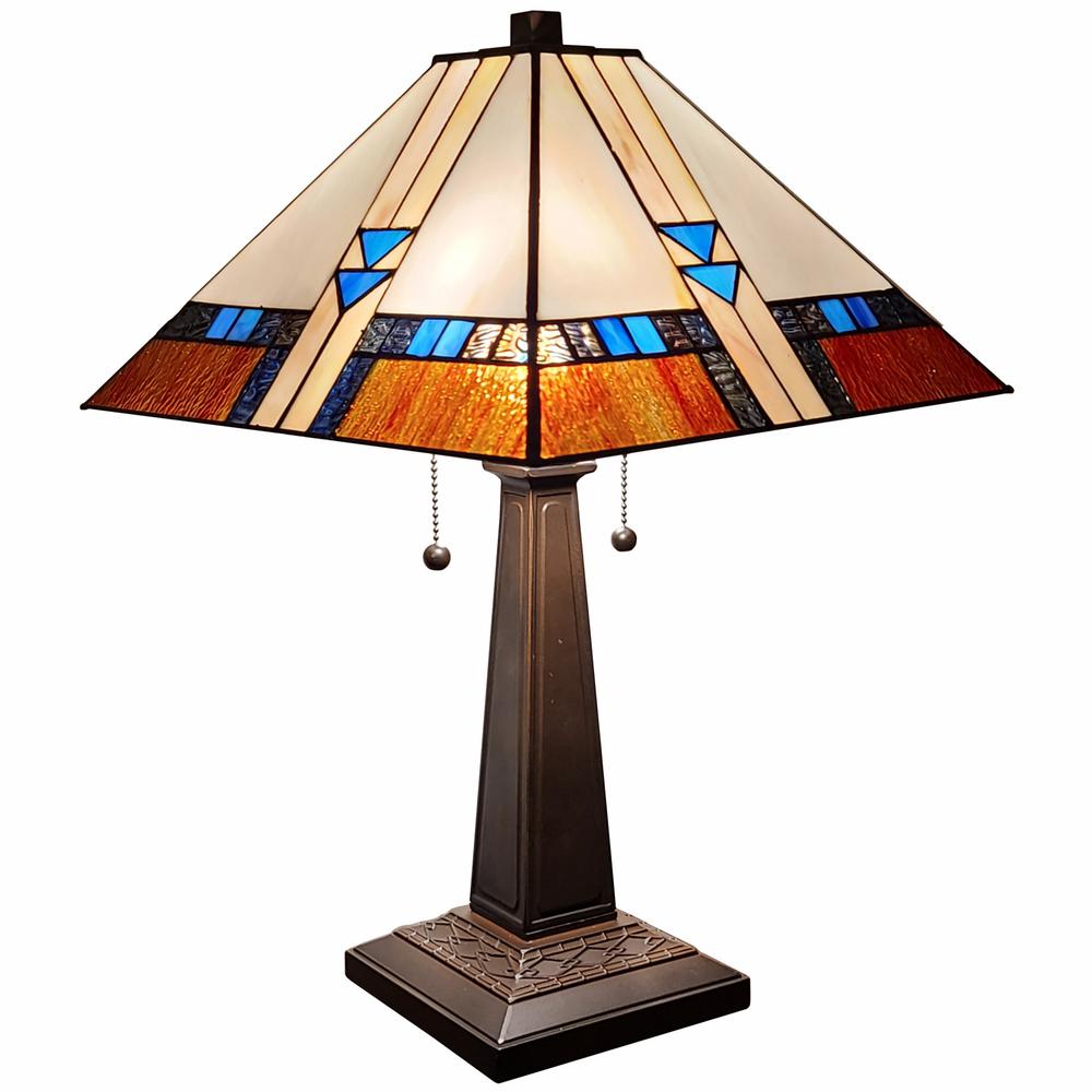 23" Cream Amber and Teal Arrow Stained Glass Two Light Mission Style Table Lamp. Picture 1