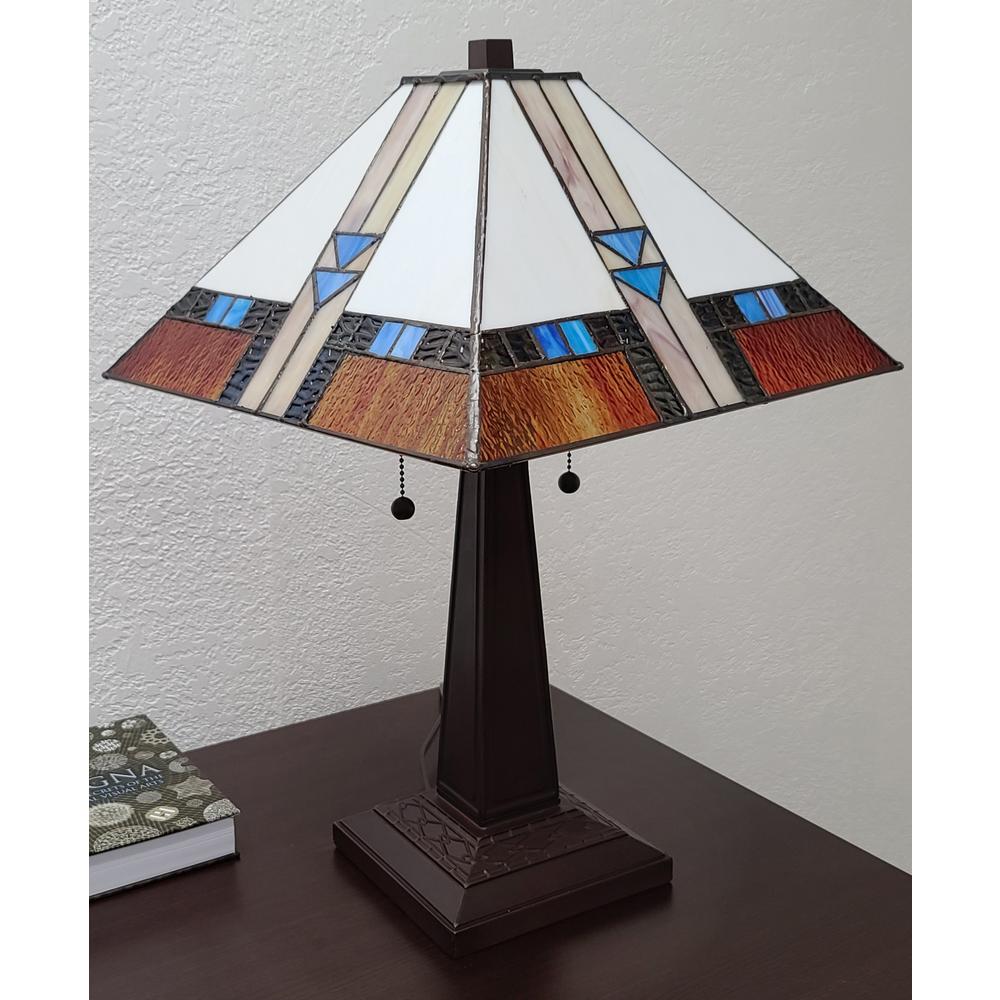 23" Cream Amber and Teal Arrow Stained Glass Two Light Mission Style Table Lamp. Picture 2
