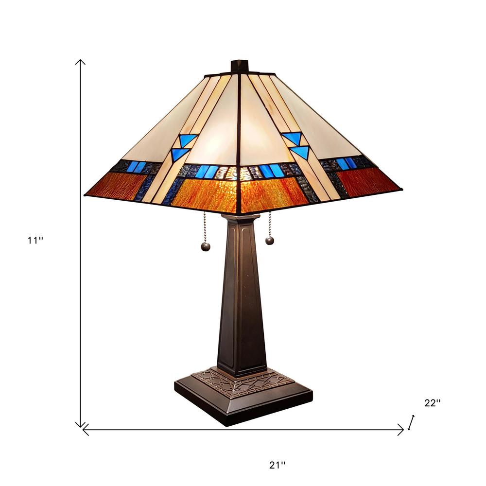 23" Cream Amber and Teal Arrow Stained Glass Two Light Mission Style Table Lamp. Picture 5