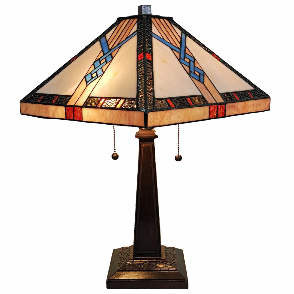 23" Stained Glass Stained Glass Antique Two Light Mission Style Table Lamp. Picture 1