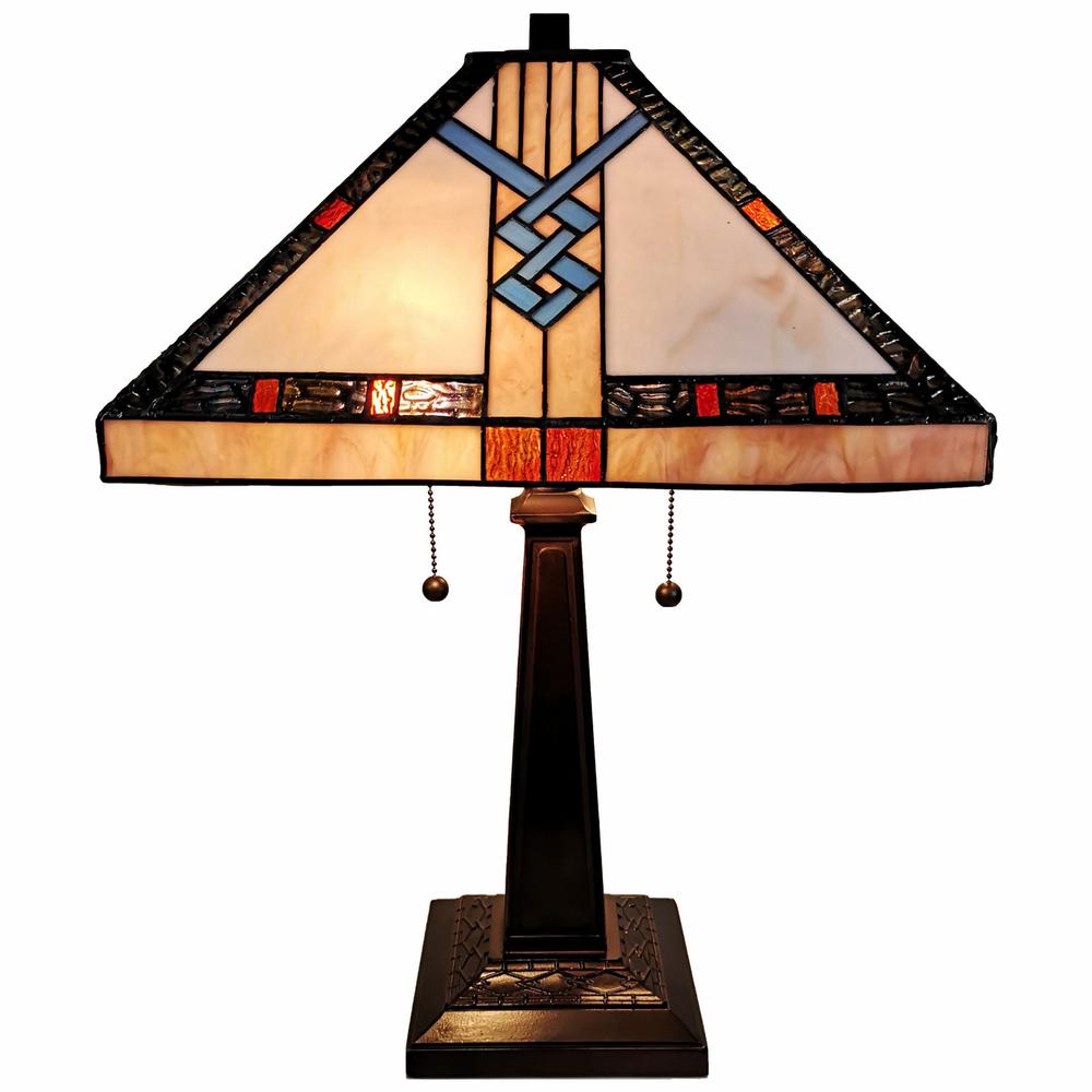 23" Stained Glass Stained Glass Antique Two Light Mission Style Table Lamp. Picture 2