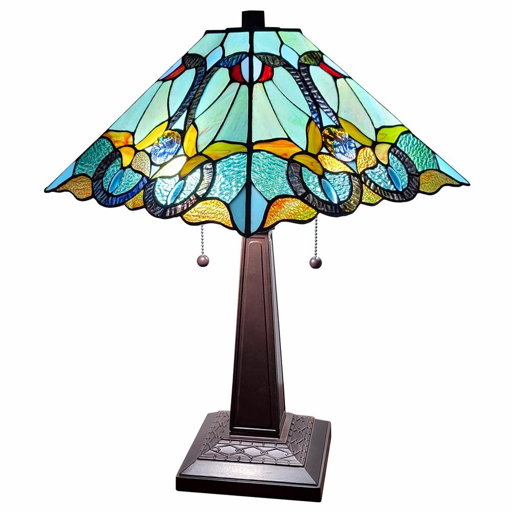 23" Aqua Blues and Amber Abstract Stained Glass Two Light Mission Style Table Lamp. Picture 1