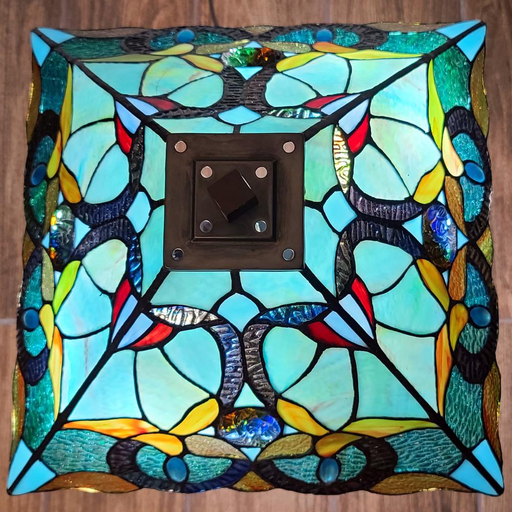 23" Aqua Blues and Amber Abstract Stained Glass Two Light Mission Style Table Lamp. Picture 2