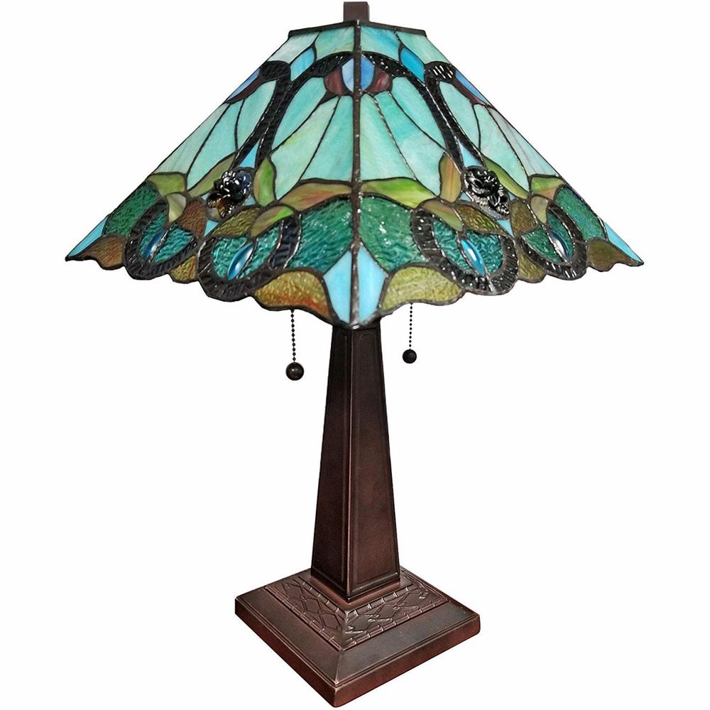 23" Aqua Blues and Amber Abstract Stained Glass Two Light Mission Style Table Lamp. Picture 5
