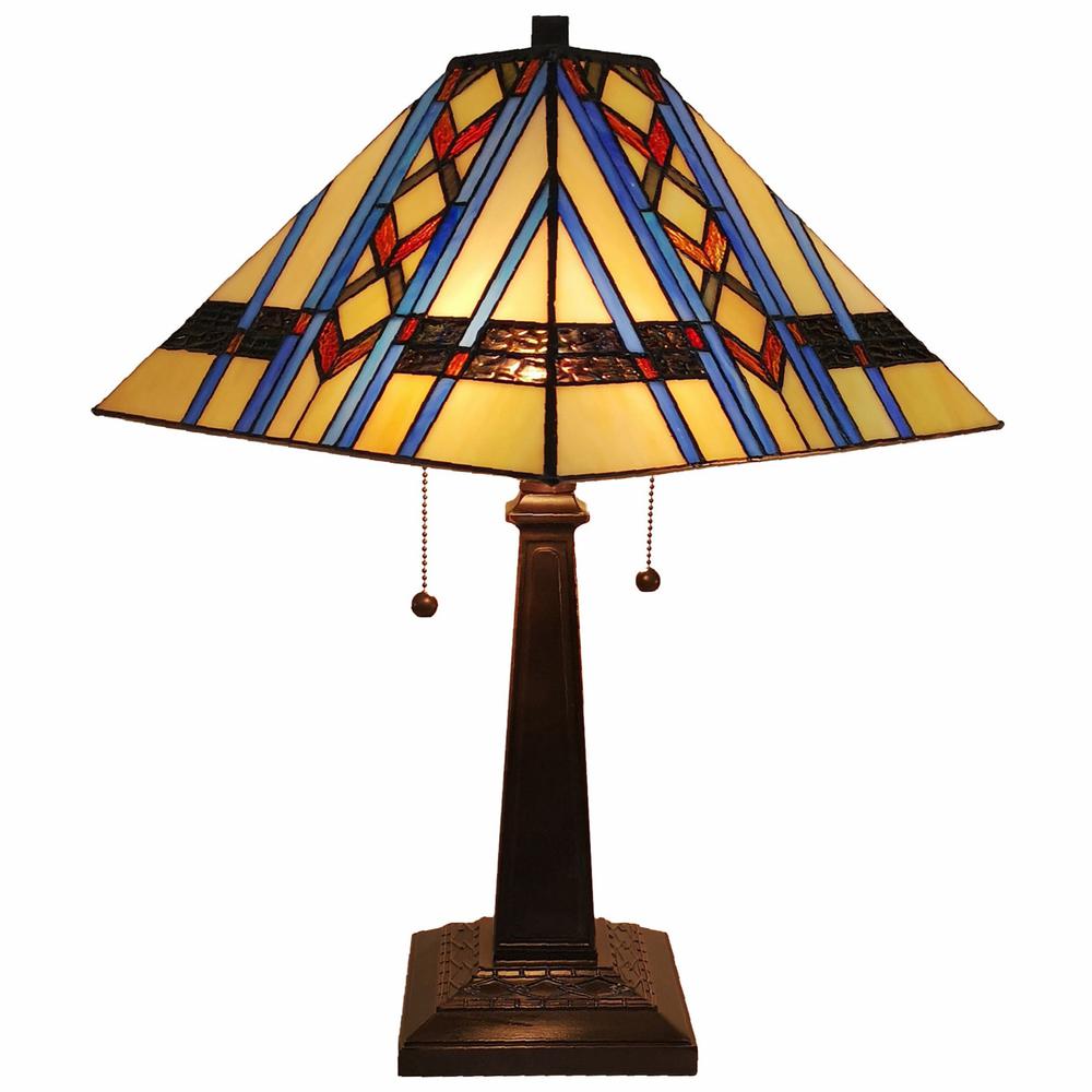 23" Amber Brown and Blue Stained Glass Two Light Mission Style Table Lamp. Picture 2