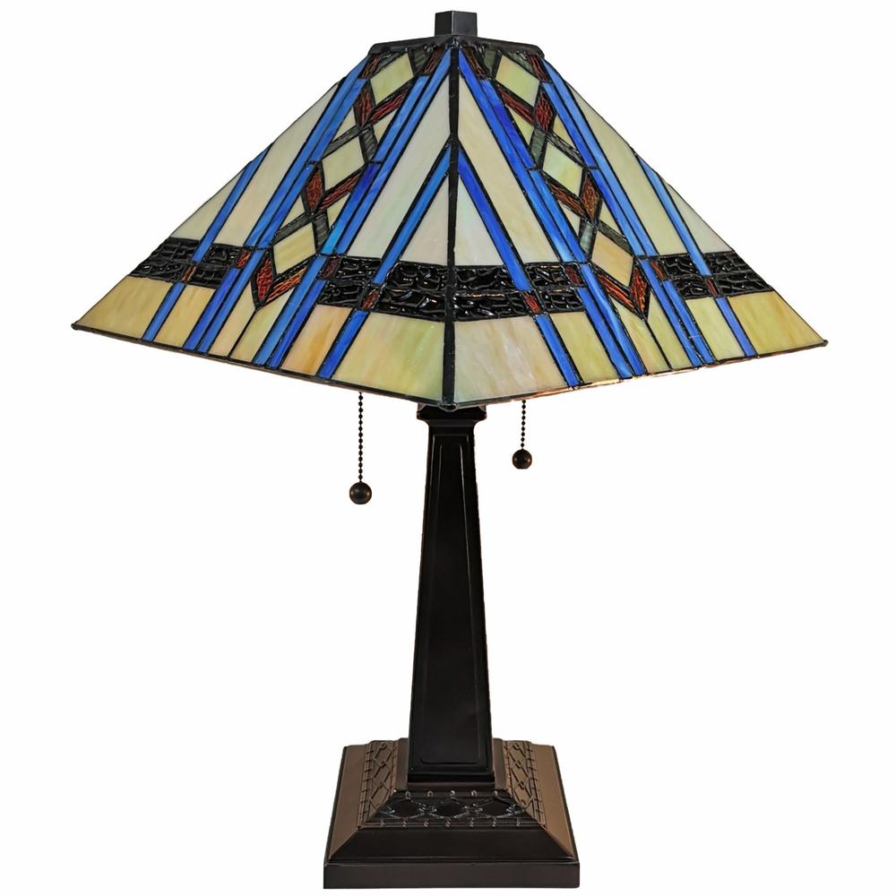 23" Amber Brown and Blue Stained Glass Two Light Mission Style Table Lamp. Picture 1