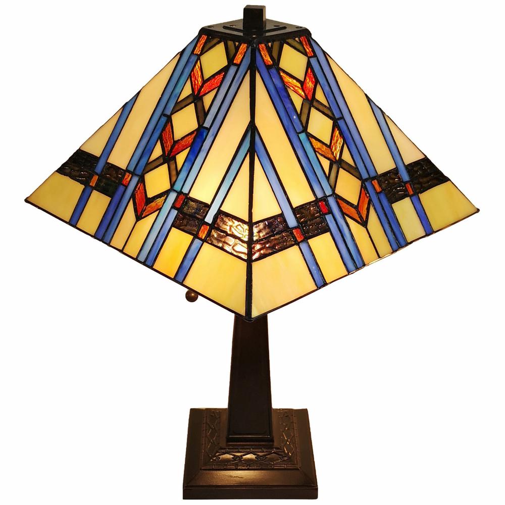 23" Amber Brown and Blue Stained Glass Two Light Mission Style Table Lamp. Picture 3