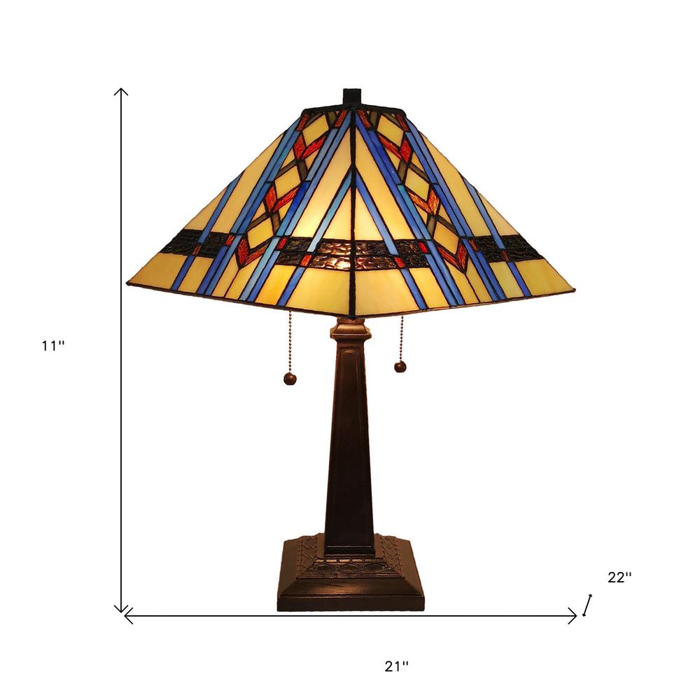 23" Amber Brown and Blue Stained Glass Two Light Mission Style Table Lamp. Picture 5