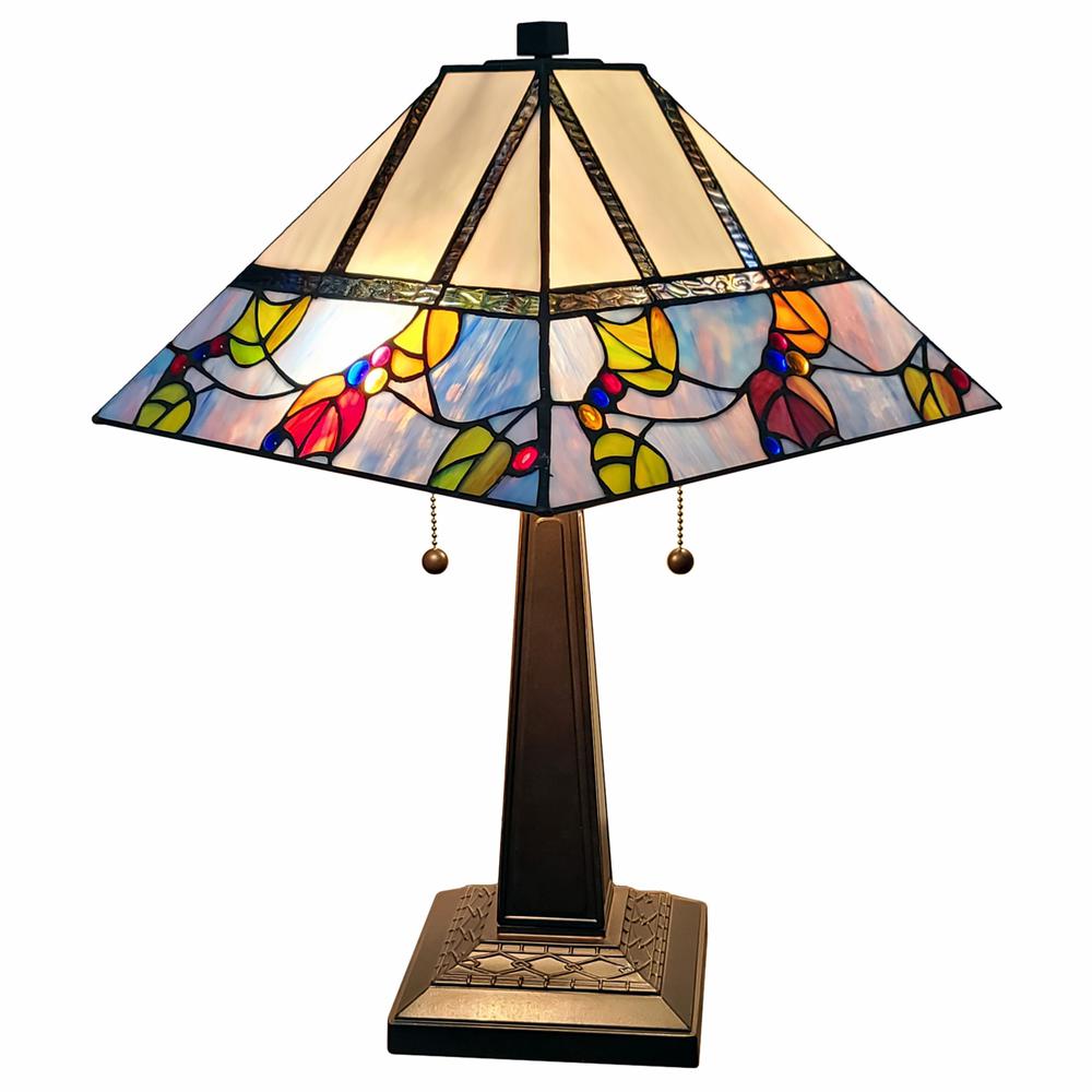 23" Cream and Blue Stained Glass Two Light Mission Style Table Lamp. Picture 1