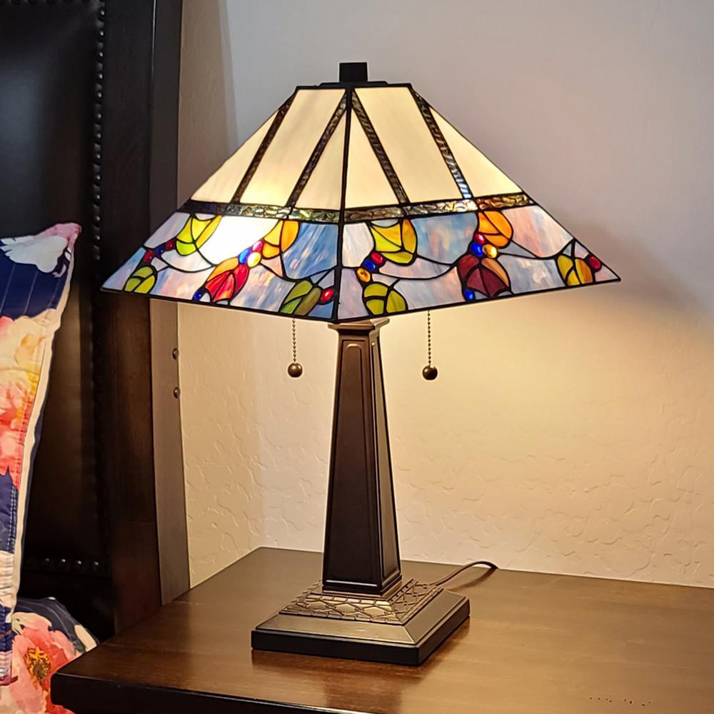 23" Cream and Blue Stained Glass Two Light Mission Style Table Lamp. Picture 4