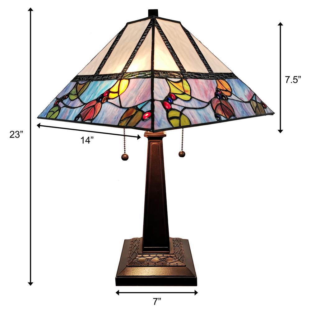 23" Cream and Blue Stained Glass Two Light Mission Style Table Lamp. Picture 5