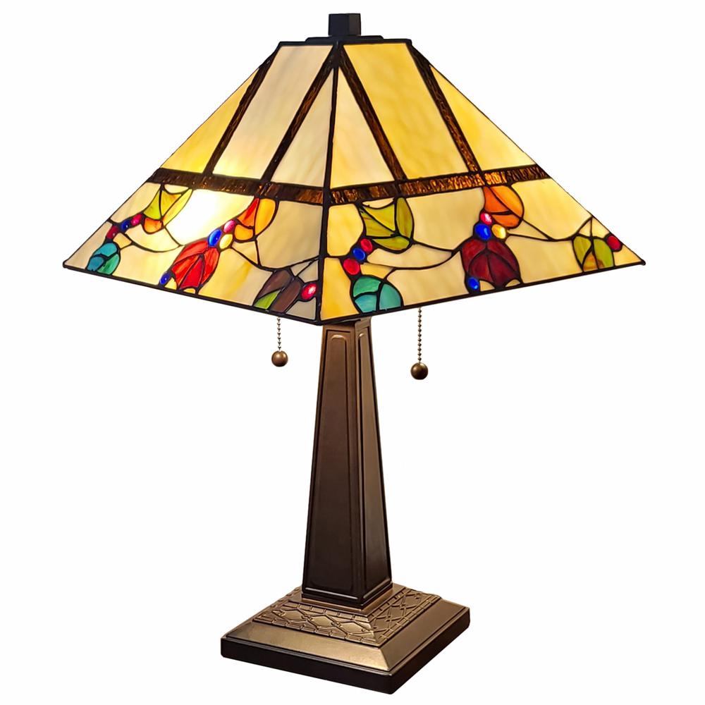 23" Cream and Jewel Stained Glass Two Light Mission Style Table Lamp. Picture 1