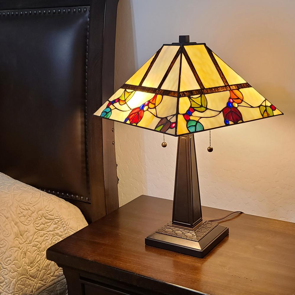 23" Cream and Jewel Stained Glass Two Light Mission Style Table Lamp. Picture 2