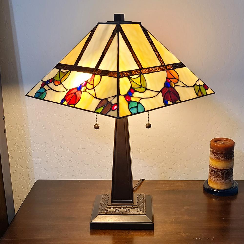 23" Cream and Jewel Stained Glass Two Light Mission Style Table Lamp. Picture 4