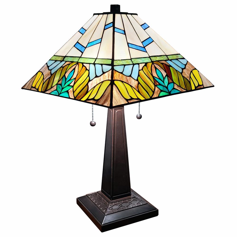23" White and Aqua Stained Glass Two Light Mission Style Table Lamp. Picture 1