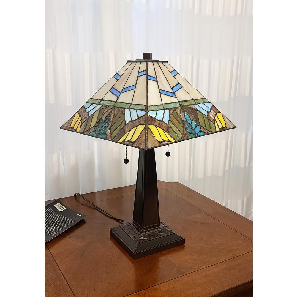 23" White and Aqua Stained Glass Two Light Mission Style Table Lamp. Picture 5