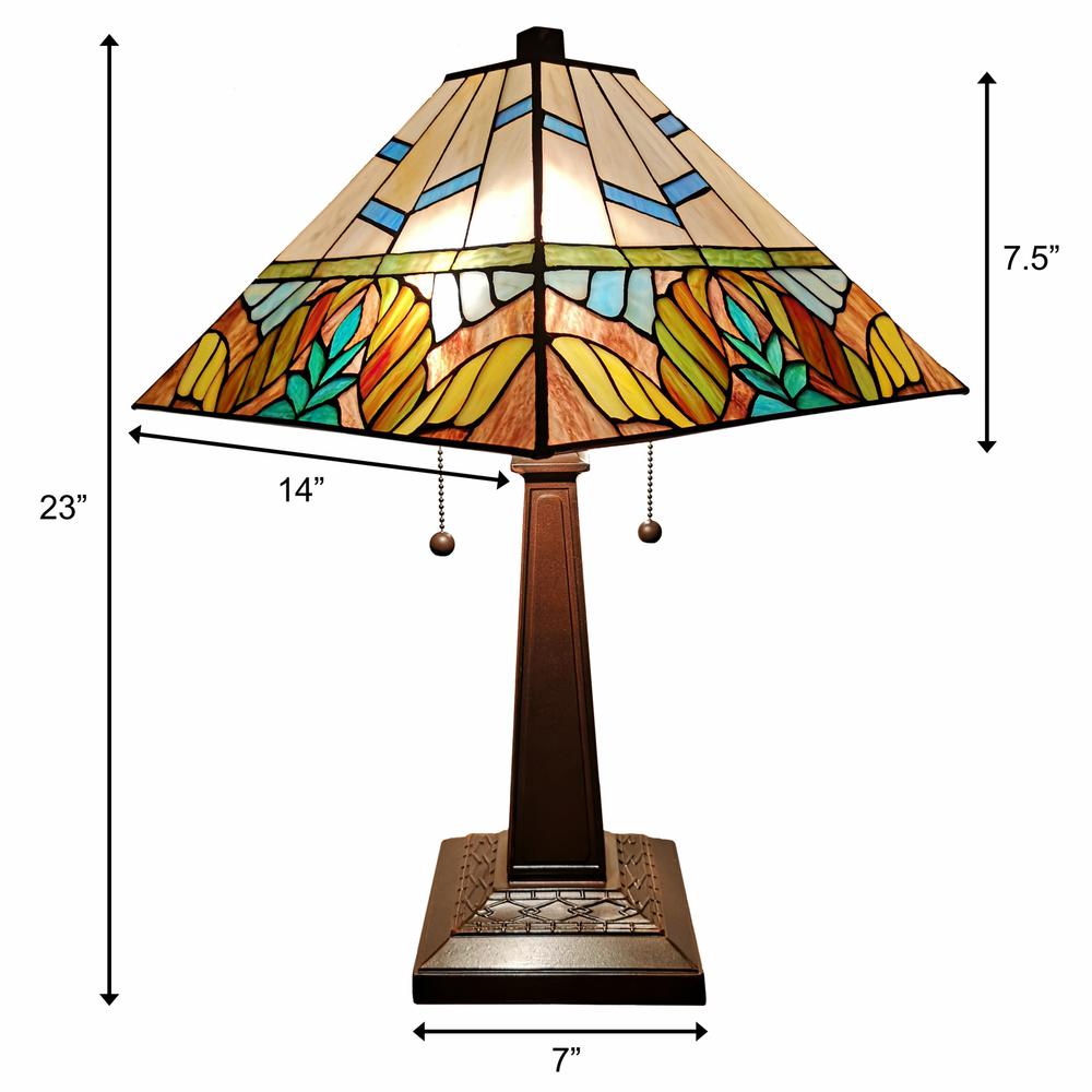 23" White and Aqua Stained Glass Two Light Mission Style Table Lamp. Picture 6