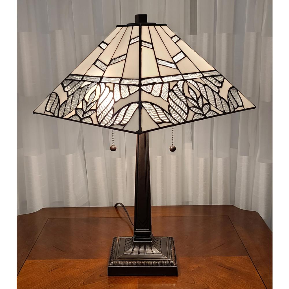 23" Stained Glass Leafy Vintage Two Light Mission Style Table Lamp. Picture 6