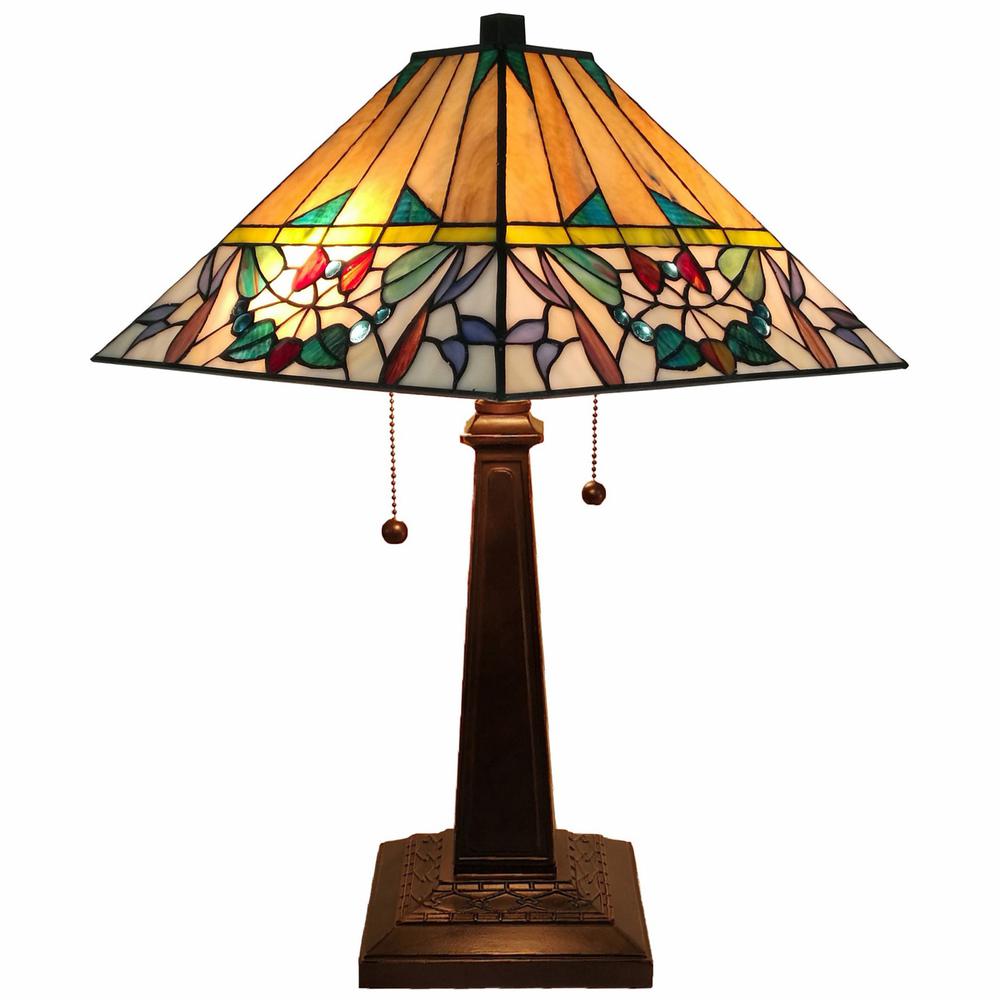 23" Stained Glass Flowery Two Light Mission Style Table Lamp. Picture 1