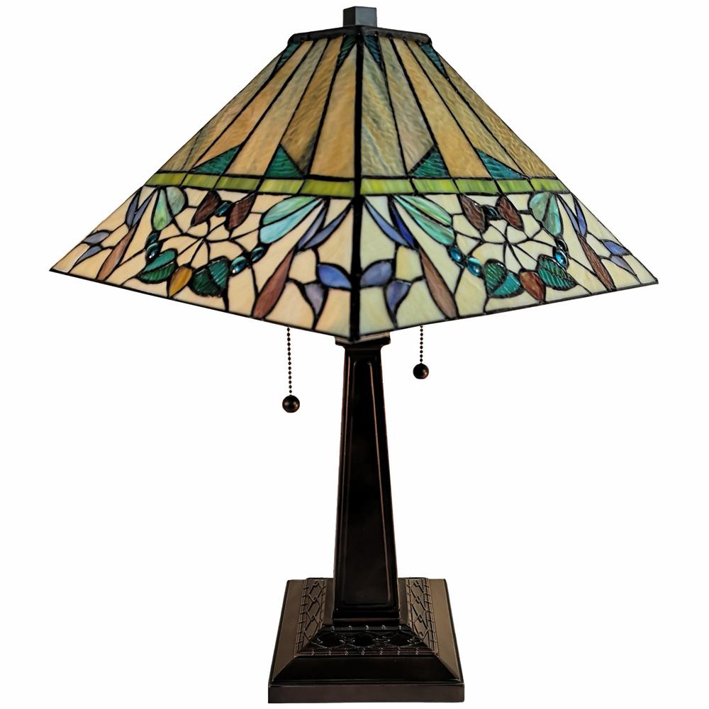 23" Stained Glass Flowery Two Light Mission Style Table Lamp. Picture 2