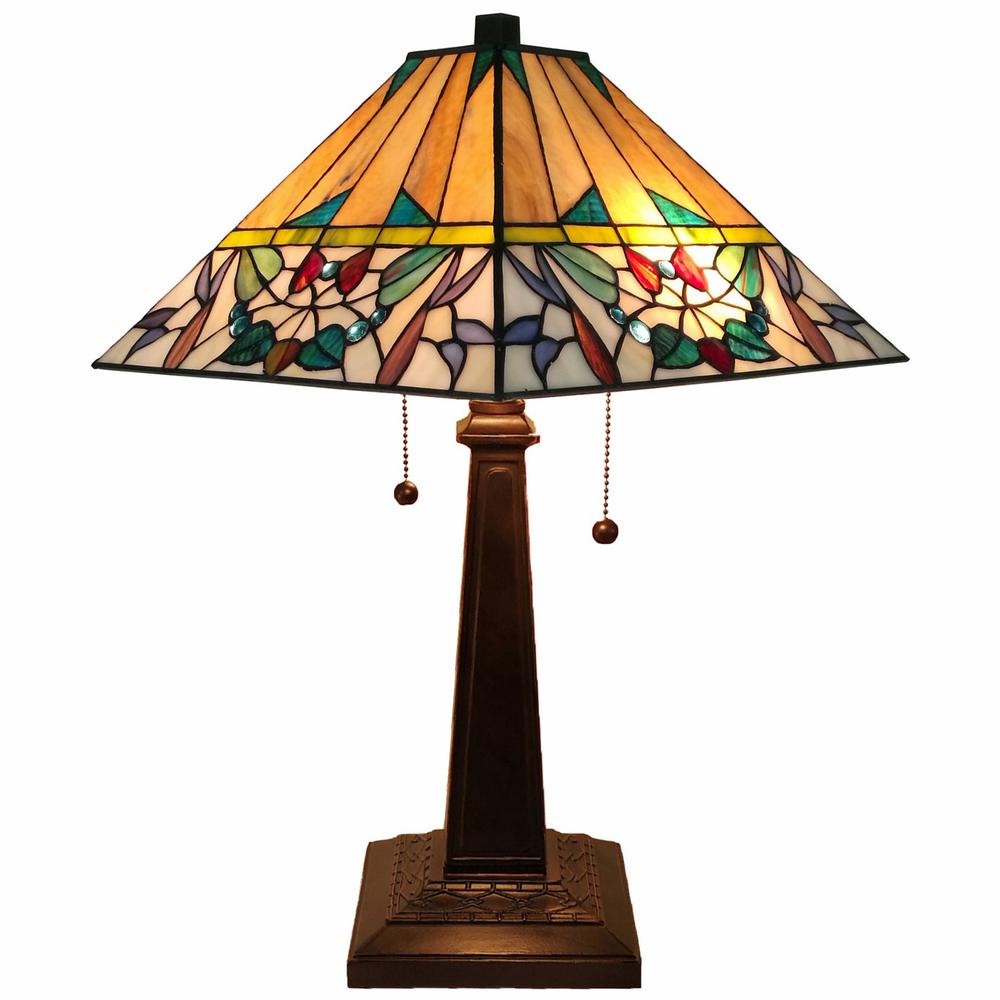23" Stained Glass Flowery Two Light Mission Style Table Lamp. Picture 4