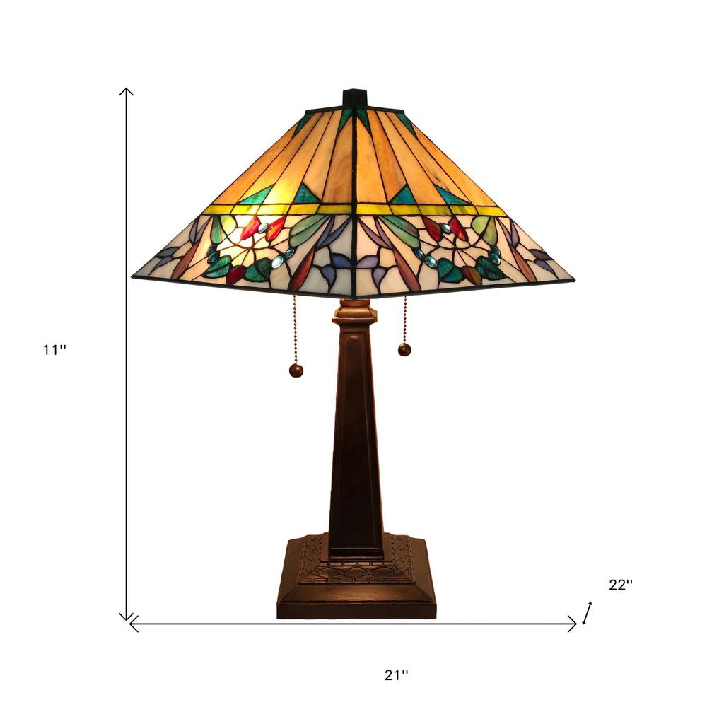 23" Stained Glass Flowery Two Light Mission Style Table Lamp. Picture 6