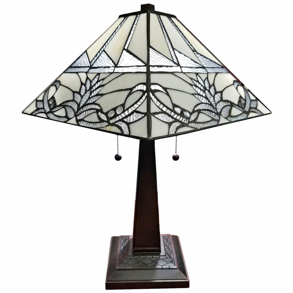 23" Stained Glass White Floral Two Light Mission Style Table Lamp. Picture 1