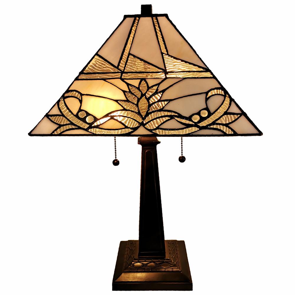 23" Stained Glass White Floral Two Light Mission Style Table Lamp. Picture 2
