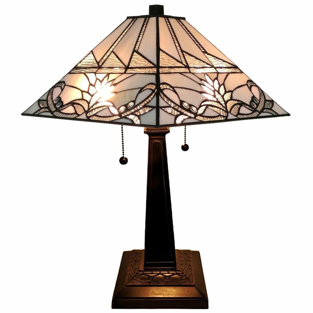 23" Stained Glass White Floral Two Light Mission Style Table Lamp. Picture 5