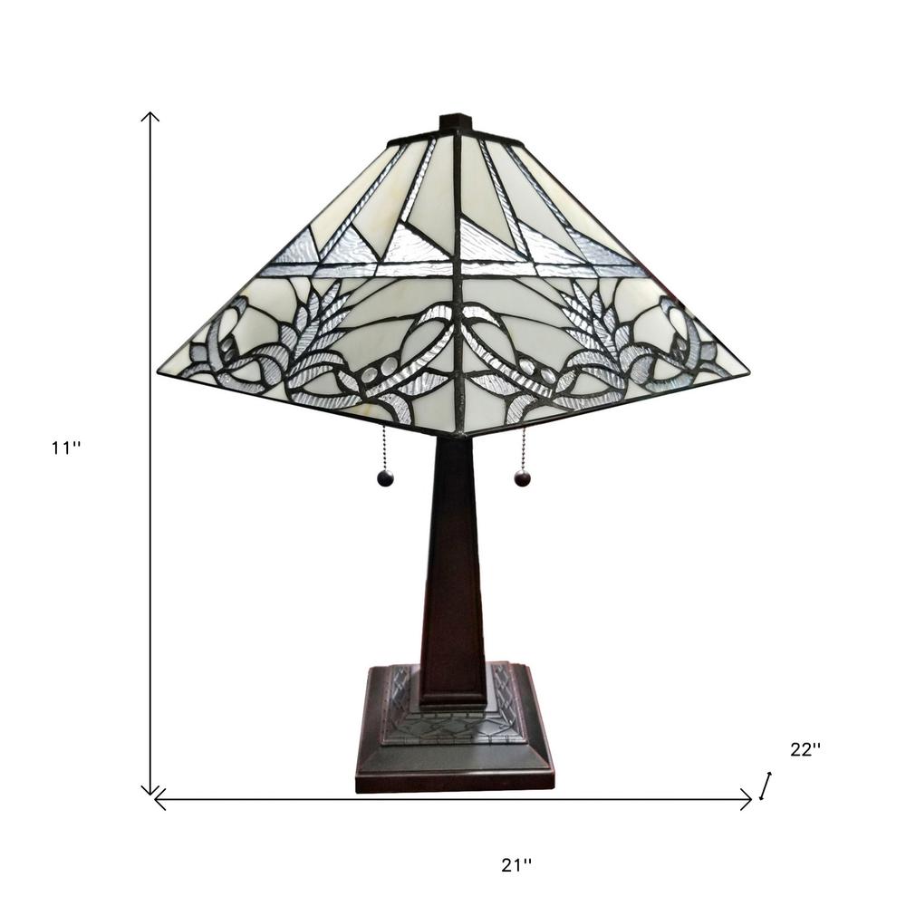 23" Stained Glass White Floral Two Light Mission Style Table Lamp. Picture 8