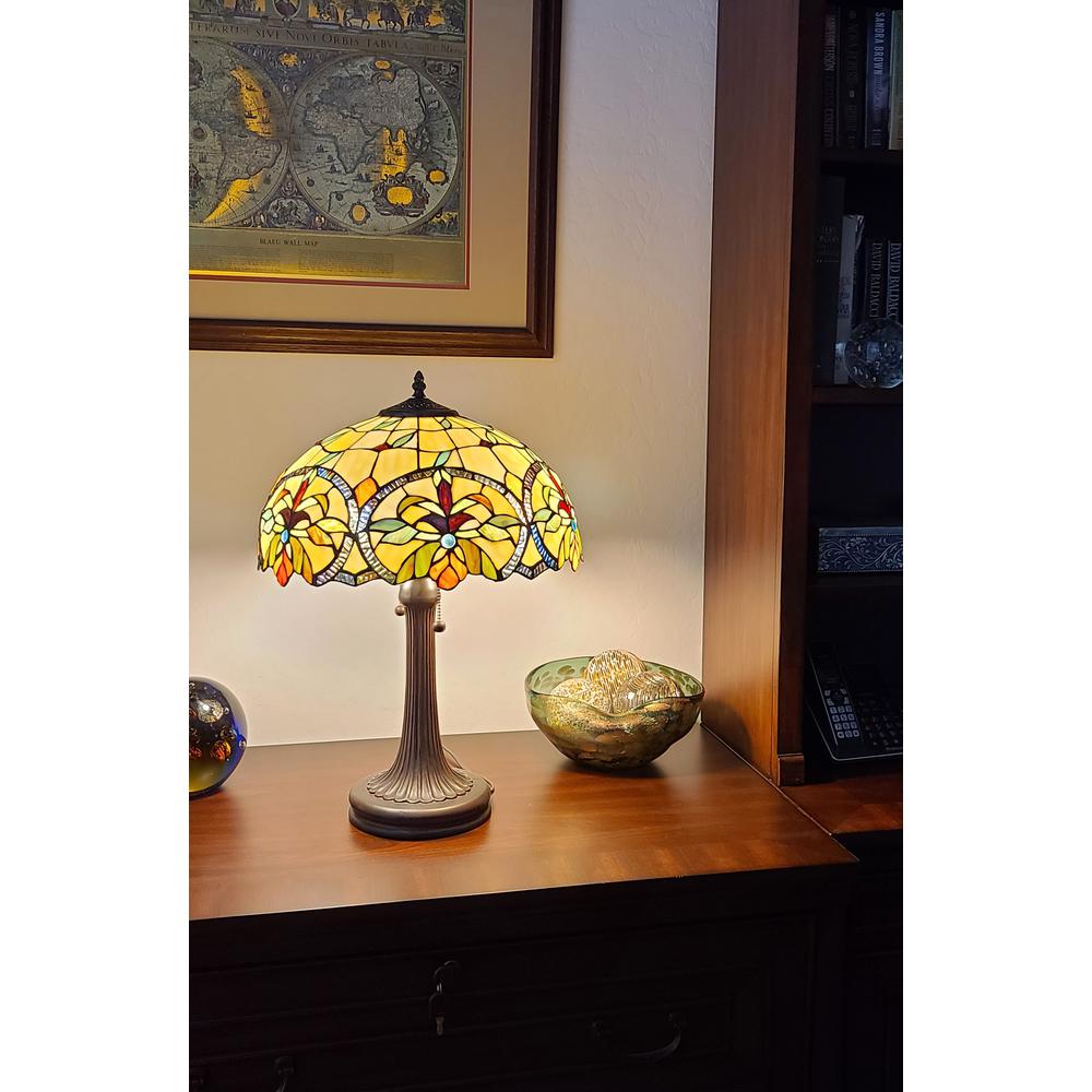 23" Stained Glass Two Light Jeweled Floral Table Lamp. Picture 4