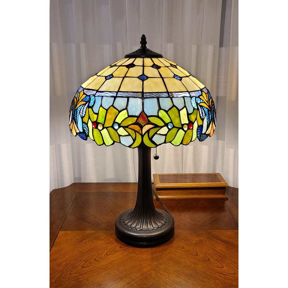 23" Stained Glass Two Light Jeweled Floral Accent Table Lamp. Picture 1