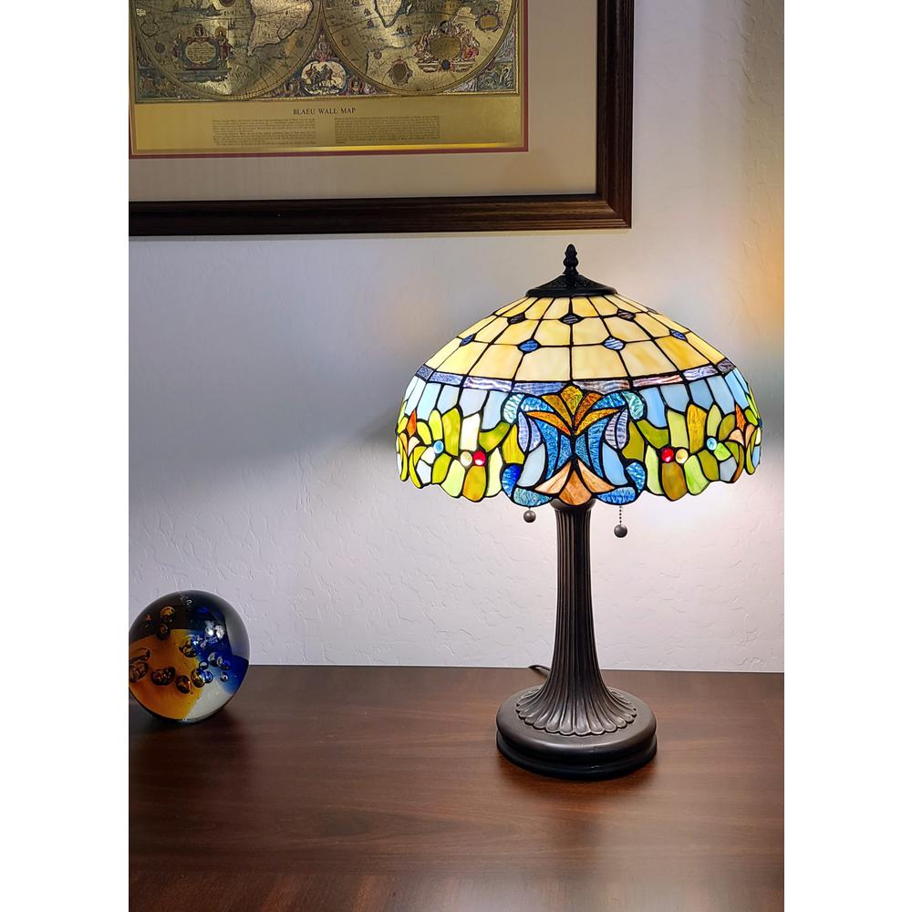 23" Stained Glass Two Light Jeweled Floral Accent Table Lamp. Picture 2