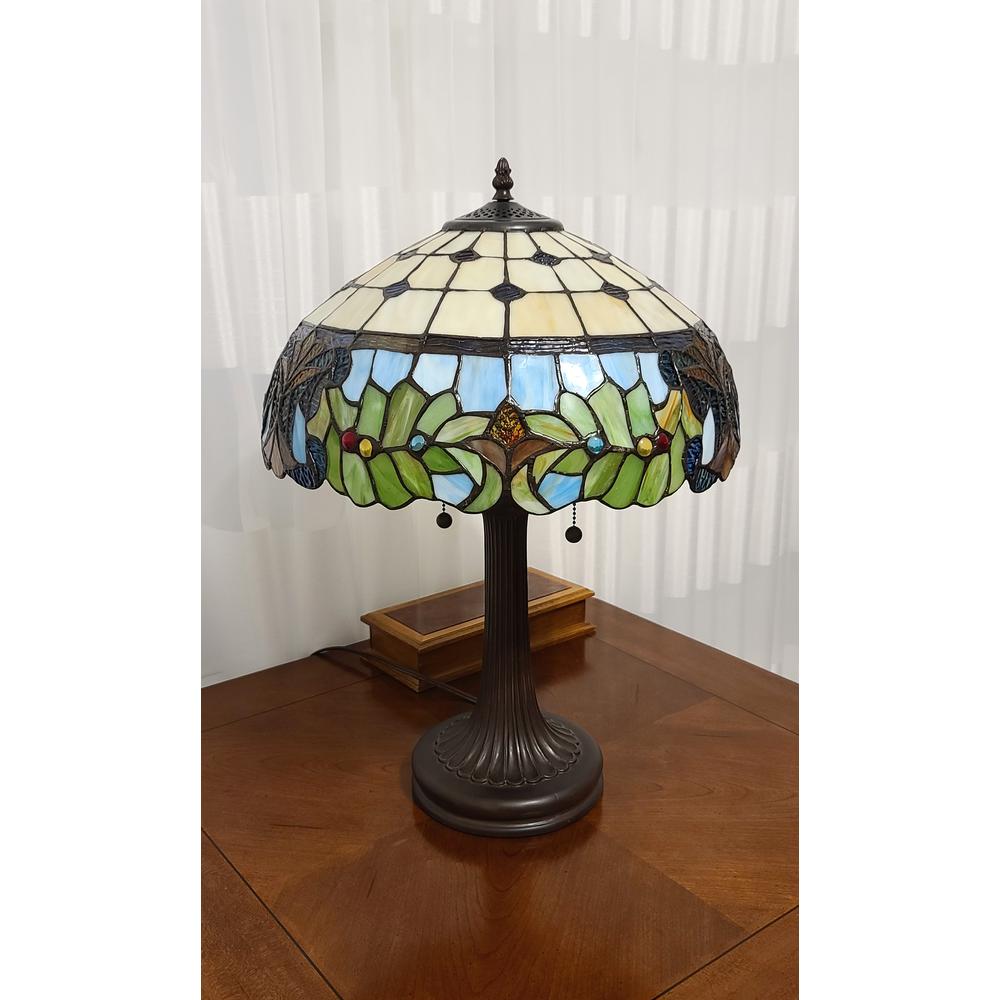 23" Stained Glass Two Light Jeweled Floral Accent Table Lamp. Picture 3
