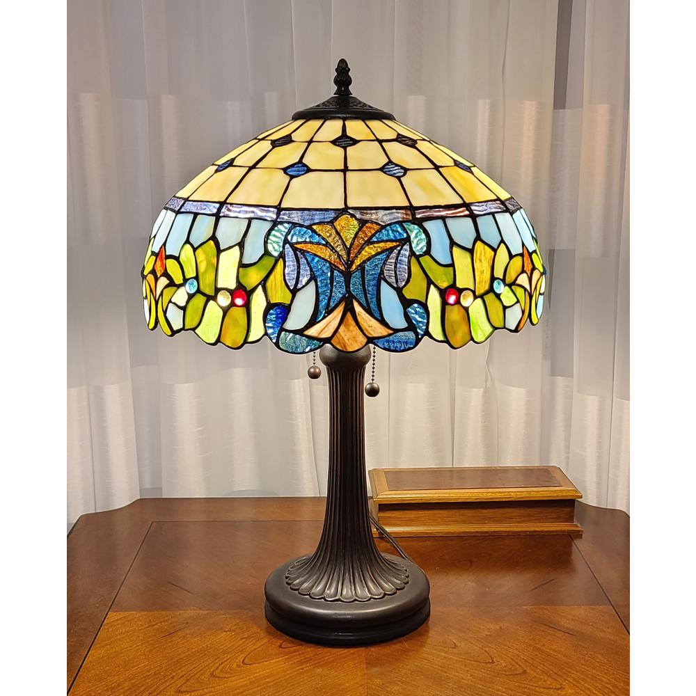 23" Stained Glass Two Light Jeweled Floral Accent Table Lamp. Picture 5