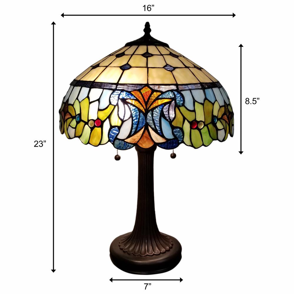 23" Stained Glass Two Light Jeweled Floral Accent Table Lamp. Picture 6