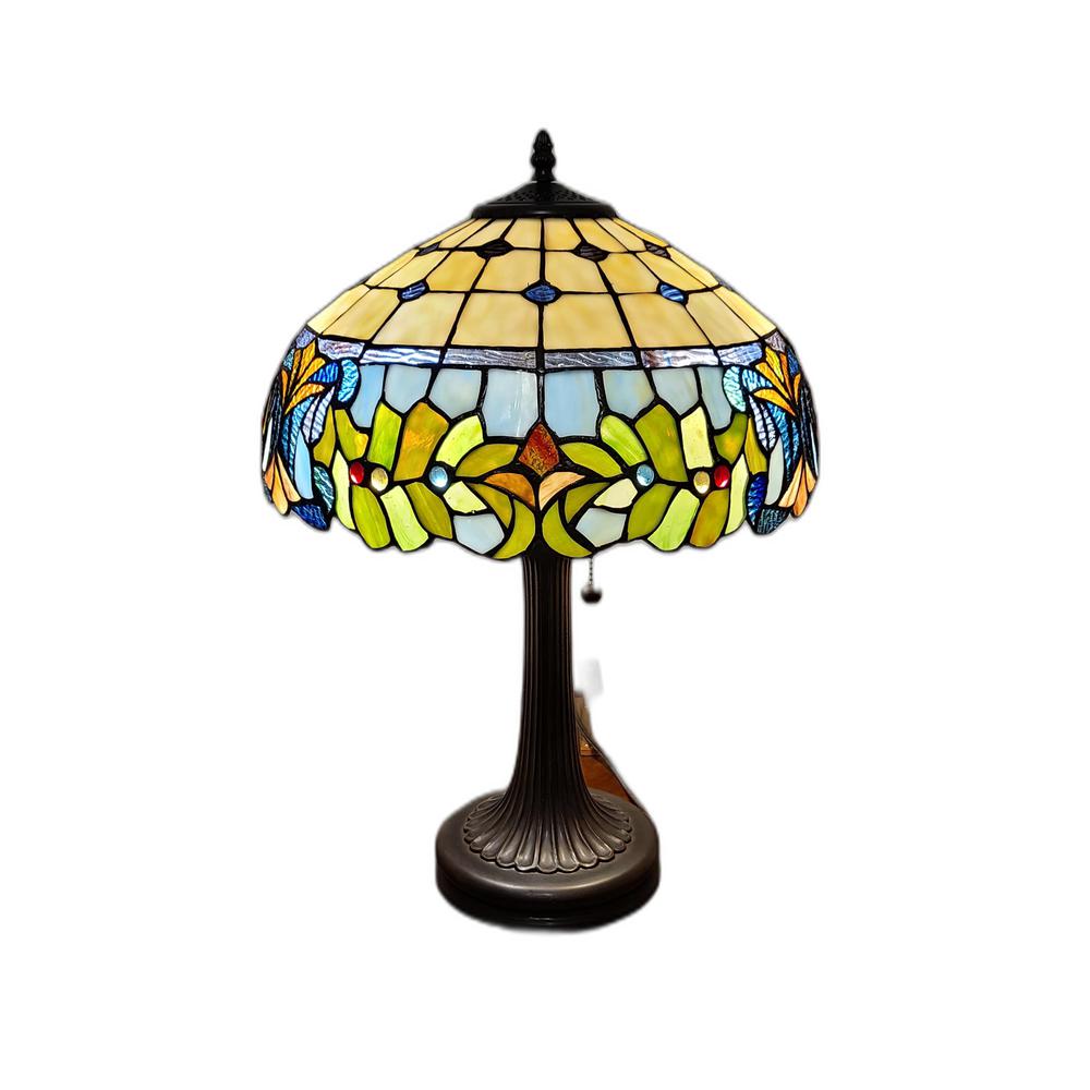 23" Stained Glass Two Light Jeweled Floral Accent Table Lamp. Picture 9