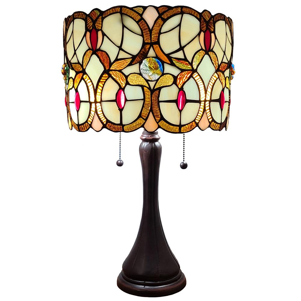 21" Stained Glass Two Light Floral Drum Table Lamp. Picture 1