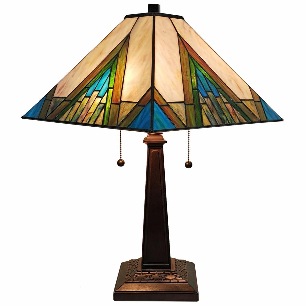 23" Stained Glass Handcrafted Pyramid Style Two Light Mission Style Table Lamp. Picture 1
