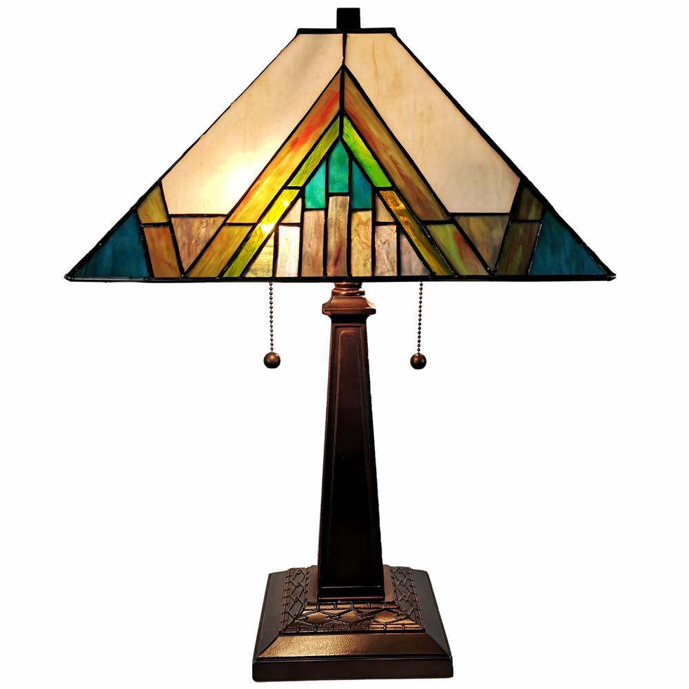 23" Stained Glass Handcrafted Pyramid Style Two Light Mission Style Table Lamp. Picture 2