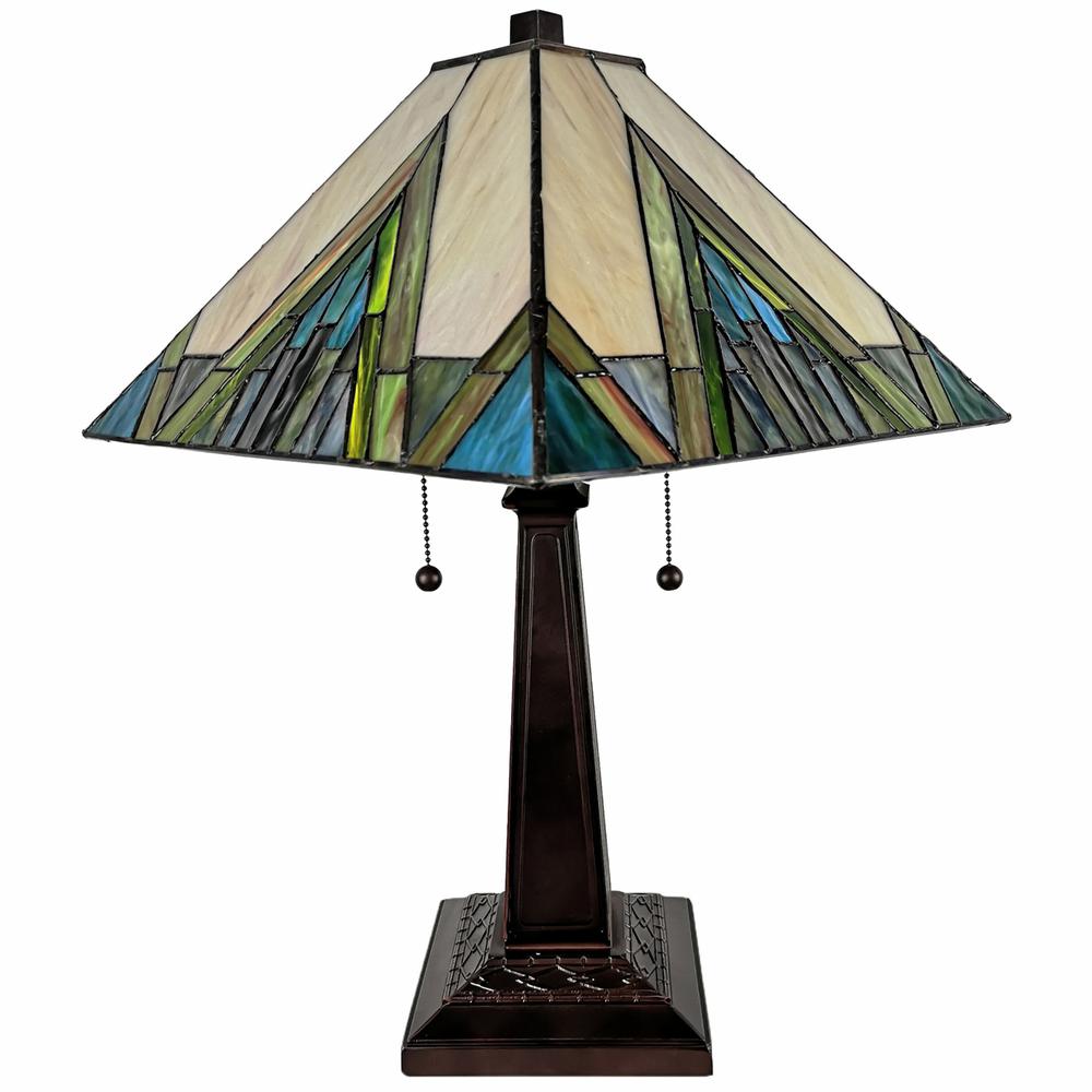 23" Stained Glass Handcrafted Pyramid Style Two Light Mission Style Table Lamp. Picture 4