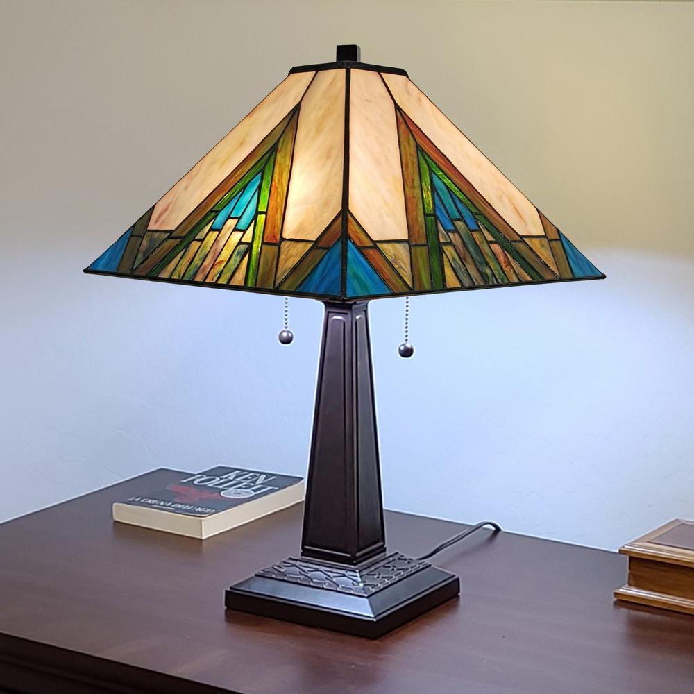 23" Stained Glass Handcrafted Pyramid Style Two Light Mission Style Table Lamp. Picture 6