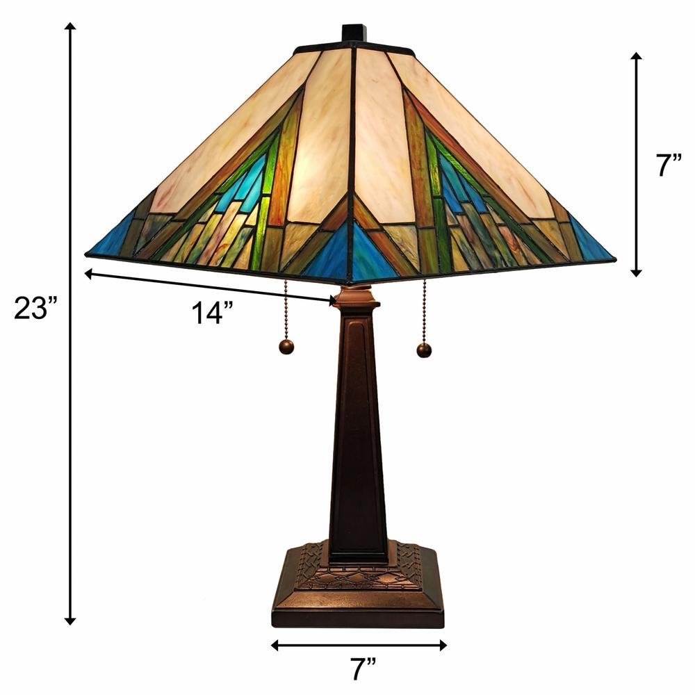 23" Stained Glass Handcrafted Pyramid Style Two Light Mission Style Table Lamp. Picture 7