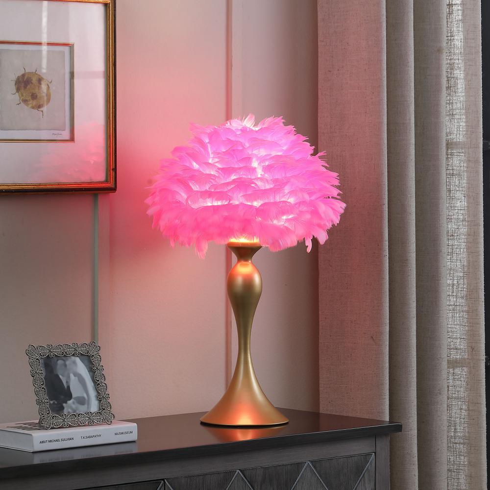 24" Glam Hot Pink Feather and Gold Table Lamp. Picture 4