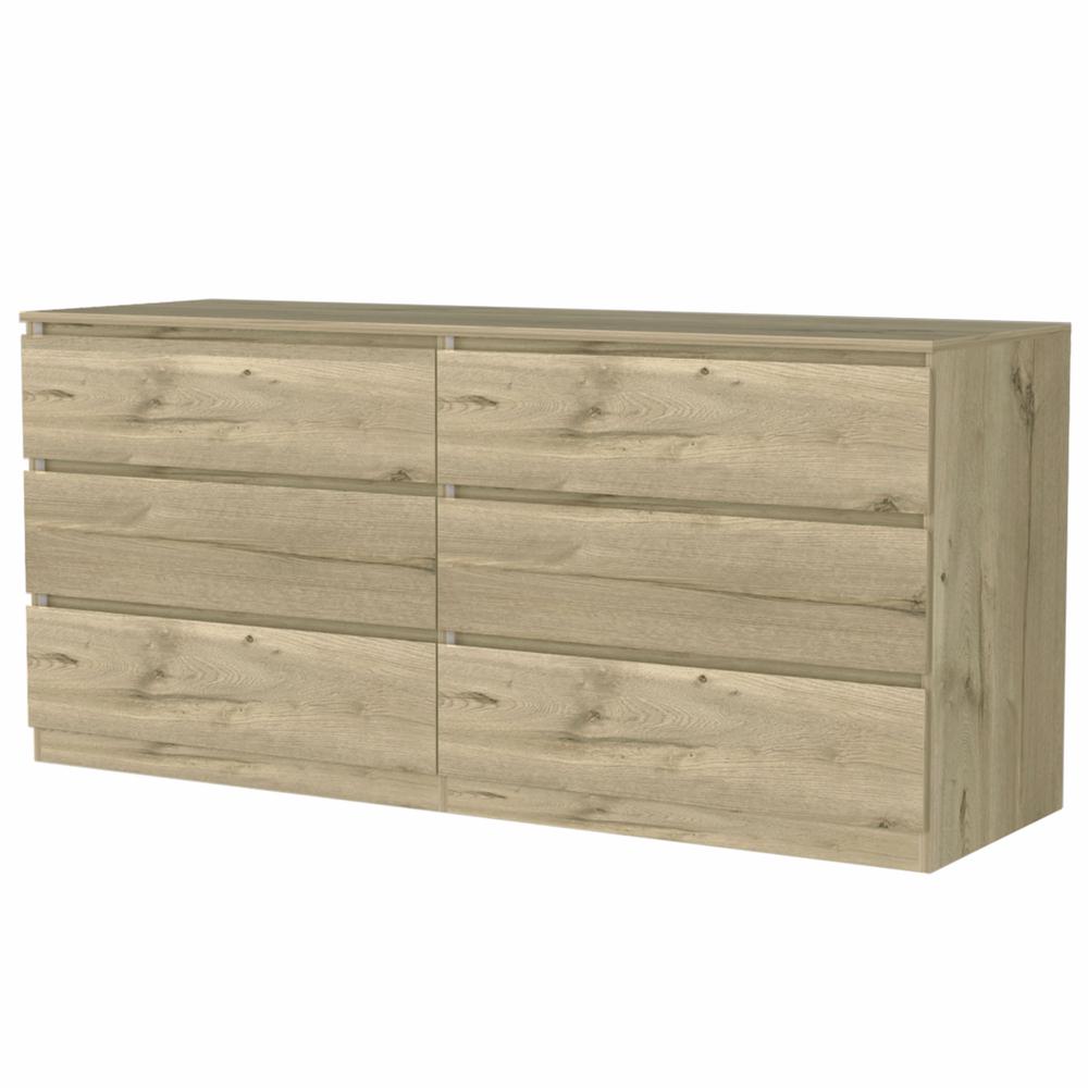 60" Light Oak And White Manufactured Wood Six Drawer Double Dresser. Picture 1