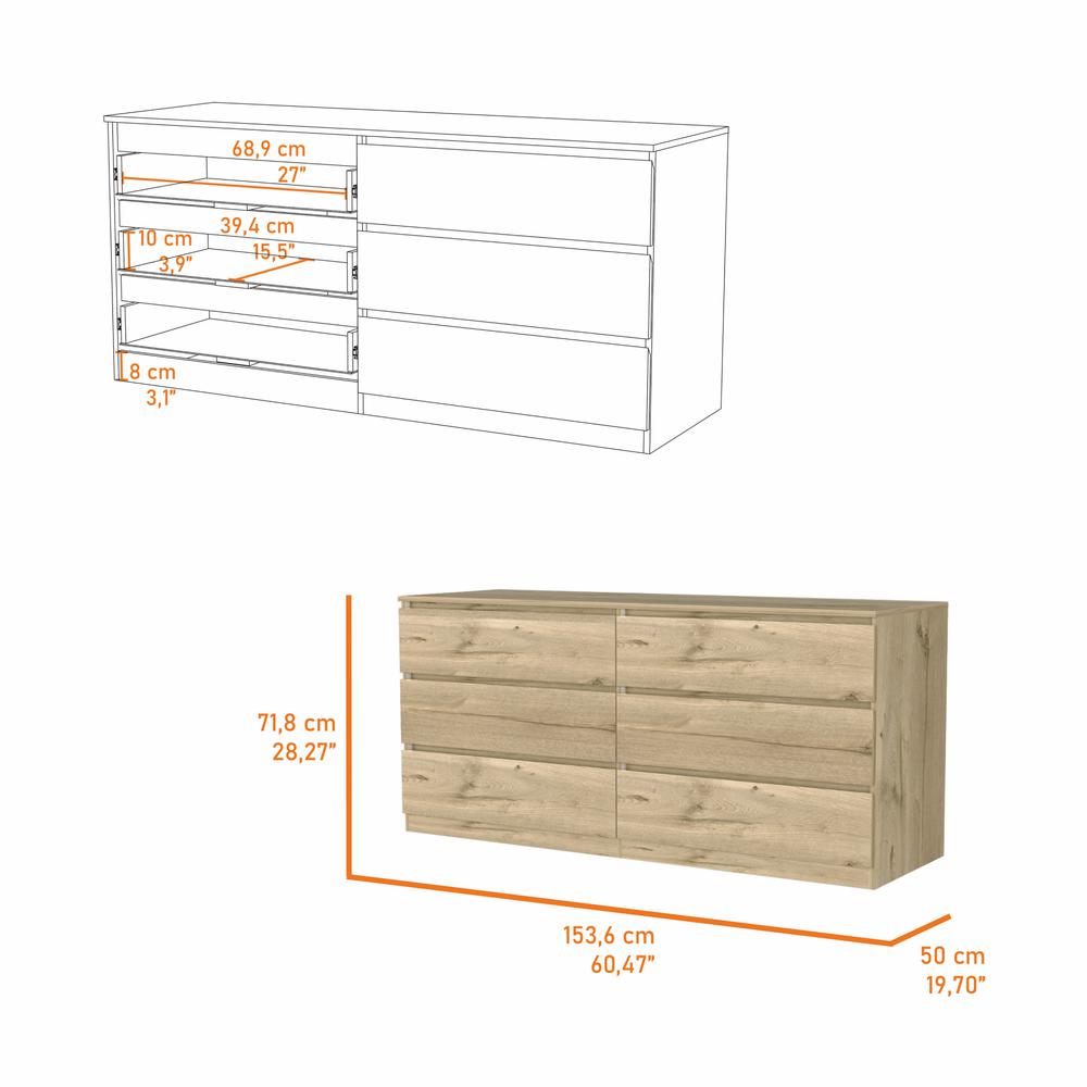 60" Light Oak And White Manufactured Wood Six Drawer Double Dresser. Picture 5