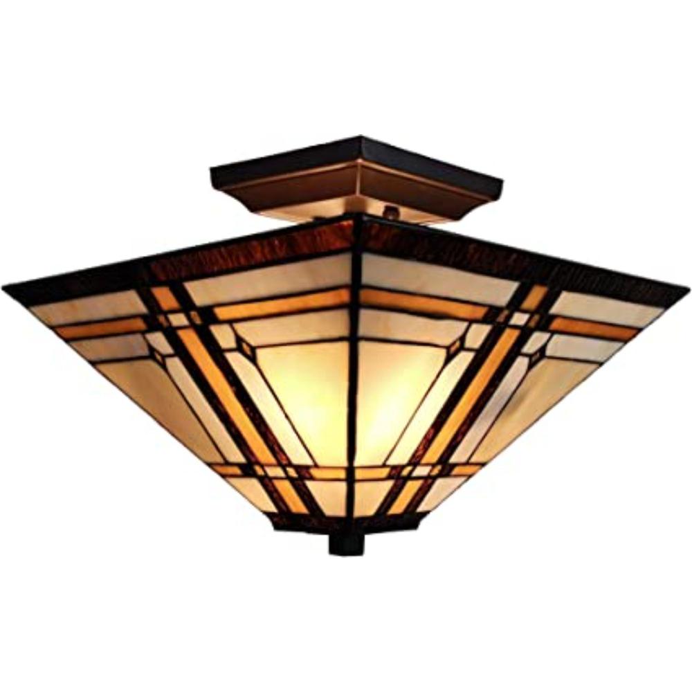 Brown and Amber Tiffany Style Mission Semi Flush Dimmable Ceiling Light. Picture 1
