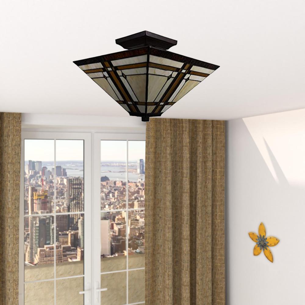 Brown and Amber Tiffany Style Mission Semi Flush Dimmable Ceiling Light. Picture 3