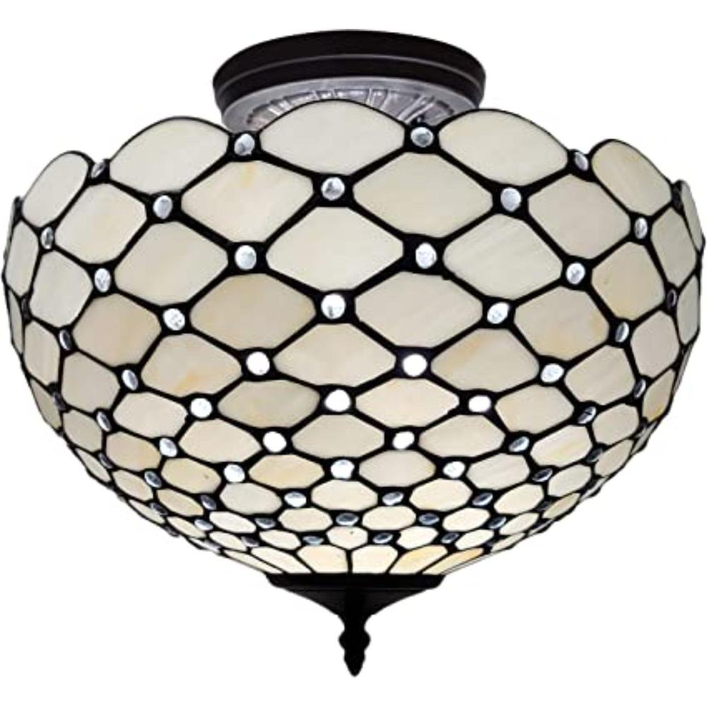 Black and White Tiffany Style Two Light Semi Flush Ceiling Lamp. Picture 1