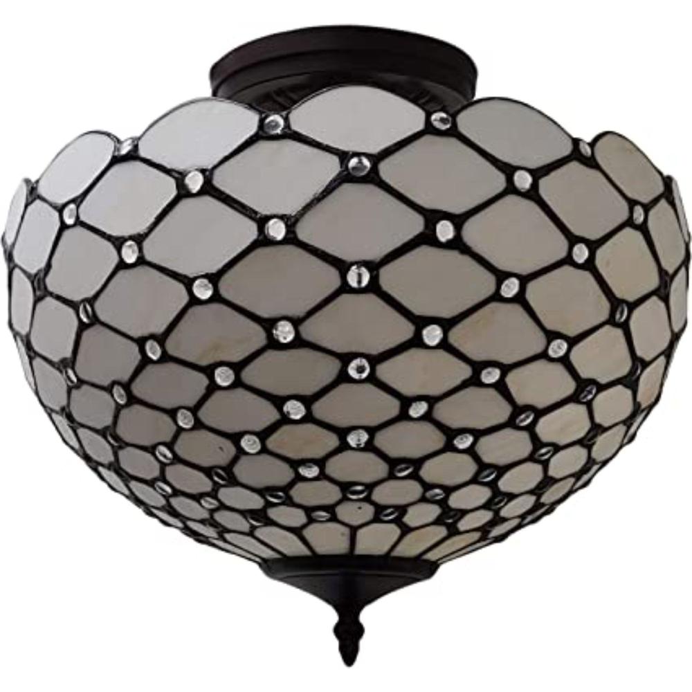 Black and White Tiffany Style Two Light Semi Flush Ceiling Lamp. Picture 2